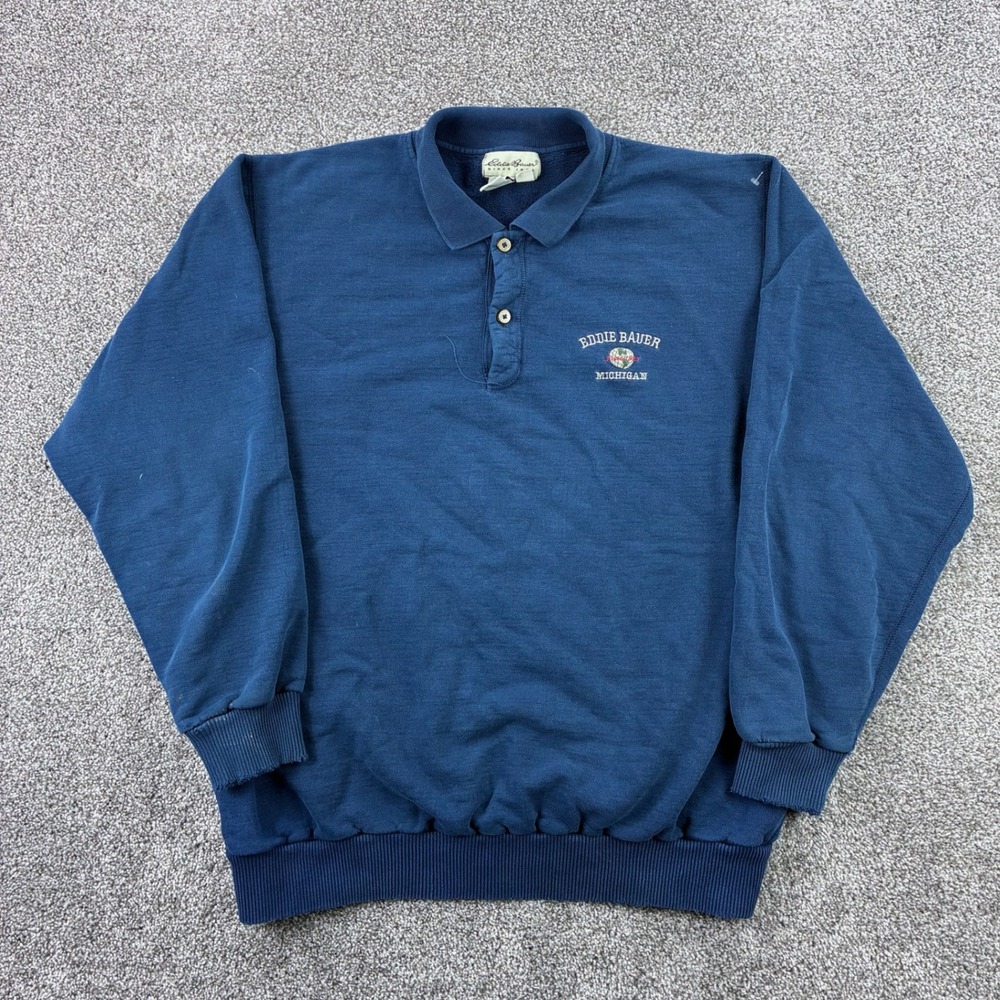 Vintage Eddie Bauer Michigan Sweatshirt Mens‎ Medium Blue Polo Collar Pullover
